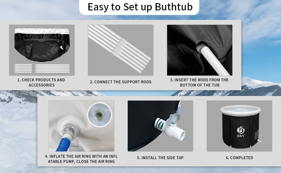 Installation Instructions for Inflatable Cold Soak Recovery Ice Bath Tub The installation steps of the ice bath bucket are simple. After installation, you only need to place it on a flat ground, add water and ice cubes, and it can be used immediately.