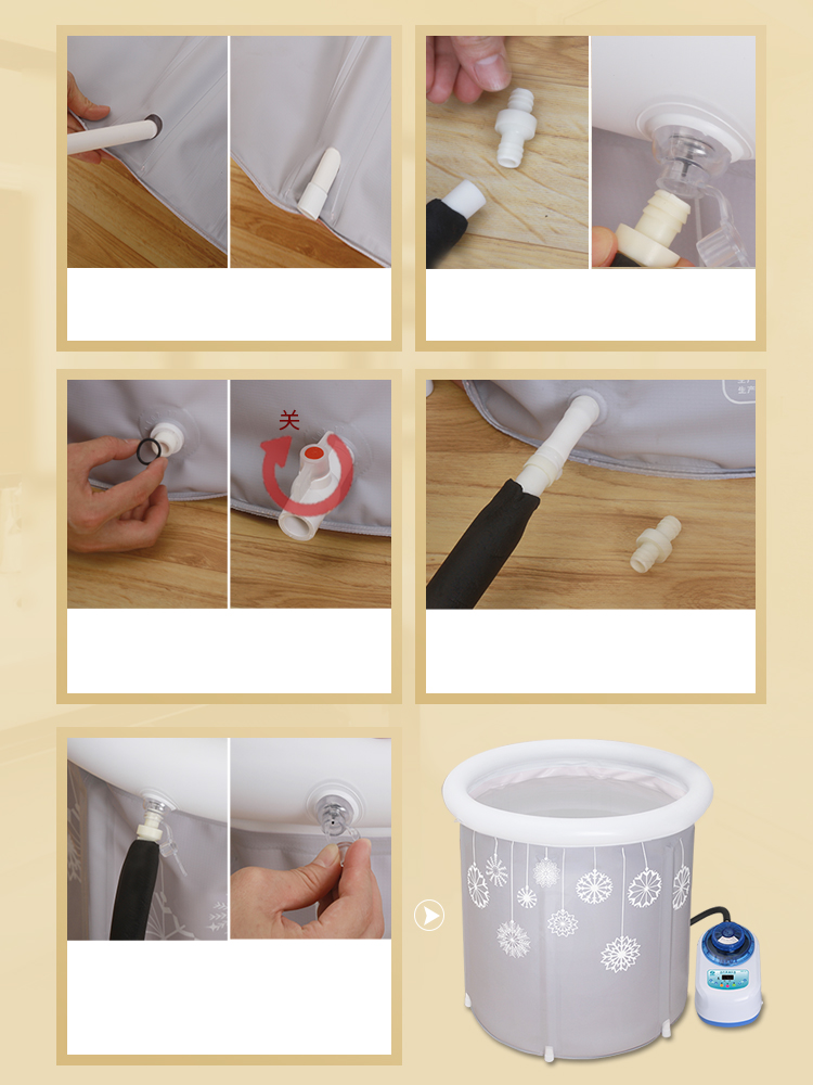 Sauna bucket installation: assemble the bracket, inflate the top collar, place the bath bucket, and close the drainage pipe.